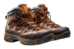 Two brown hiking boots with orange laces. The boots are worn and dirty, suggesting that they have been used for outdoor activities png