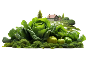 A garden full of vegetables including broccoli, tomatoes, and green cabbage. The vegetables are piled on top of each other, creating a colorful and vibrant scene. Scene is cheerful and lively png