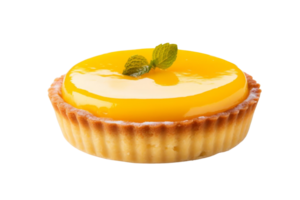 A yellow dessert with a green leaf on top. The dessert is in a small round dish. The dessert is very appetizing and inviting png