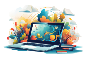 A laptop is on a table with a colorful background of trees and leaves. The laptop screen is displaying a colorful and vibrant scene, which could be a representation of creativity or inspiration png