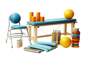 A blue and yellow exercise table with a chair and a ball. The table is full of exercise equipment and balls png