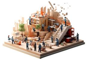 A group of people are working in a building with a lot of stairs. The building is made of wood and has a lot of furniture. The people are standing around and talking to each other png