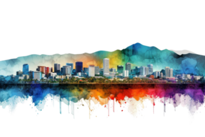 A city skyline with a mountain in the background. The city is colorful and vibrant. The sky is filled with different shades of blue, green, and purple. The buildings are tall and spread out png
