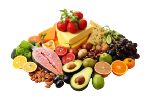 A colorful assortment of fruits and vegetables, including avocados, oranges, and tomatoes. Concept of abundance and health, as it showcases a variety of fresh produce png