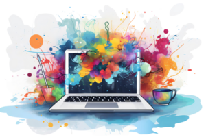 A colorful laptop with a cup of coffee next to it. The laptop is open to a blank page, and the coffee cup is filled with a colorful drink. Concept of creativity and productivity, as the laptop png