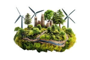 A wind farm is surrounded by trees and a river. The wind farm is a symbol of renewable energy and the natural environment png