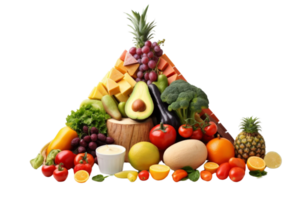 A pyramid of fruits and vegetables, including broccoli, avocados, and oranges. Concept of abundance and health, as it showcases a variety of fresh produce png