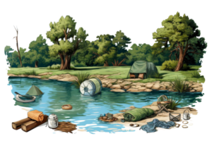 A painting of a forest with a river and a campsite. The campsite is littered with trash, including a large pile of garbage and a tent. The mood of the painting is one of sadness and disappointment png