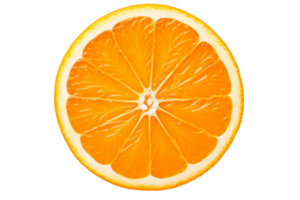 Close-up of a vibrant orange slice isolated on a transparent background. showcasing its juicy, fresh, and delicious texture. png