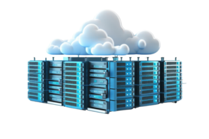 Conceptual illustration of cloud computing technology with server racks and cloud symbolizing data storage and management. png