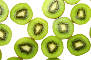 Close-up of multiple kiwi slices with vibrant green color and detailed texture, perfect for healthy food and fruit-themed backgrounds. png