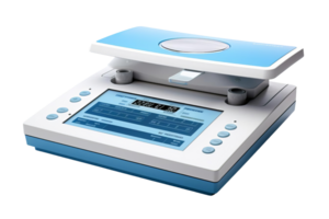 Digital medical device with display screen and interactive buttons used for advanced diagnostics and patient health monitoring in healthcare facilities. png