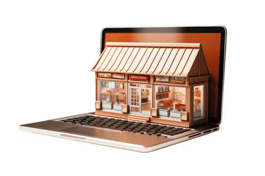 conceptual imagem do a conectados loja representado de uma miniatura fazer compras em uma computador portátil, simbolizando comércio eletrônico e digital varejo. png