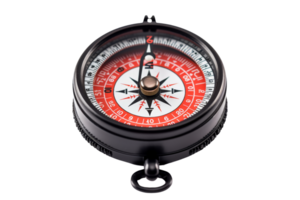High-quality image of a traditional black compass with red and white markings, perfect for navigation, travel, and adventure themes. png