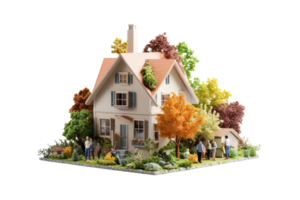 A house with a tree on the roof and a group of people standing in front of it. The house is surrounded by a garden and the people are enjoying the view png
