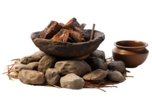 A bowl of wood and a bowl of rocks sit on a pile of rocks. The scene has a rustic png