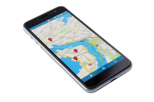 Smartphone showing map application with marked locations, representing navigation and travel planning on mobile device. png