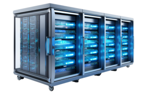 Modern data center server rack with illuminated blue lights representing advanced technology and high-performance computing. png