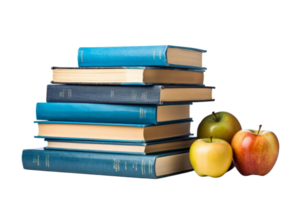 Stack of blue and beige books next to colorful apples. Ideal for educational, learning, and academic themes. png