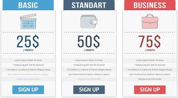 Pricing table template with three plans for websites vector