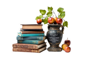 Vintage still life with stacked books and a ceramic vase filled with apples, creating a classic and timeless academic ambiance. png