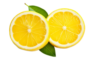 Two fresh lemon slices with green leaves on a transparent background. Vibrant yellow color, perfect for culinary, health, or refreshing summer themes. png