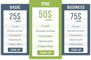 Pricing table template with three plans for websites vector