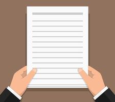 Hands holding white paper with text - document, contract, agreement, newspaper, etc, flat design vector