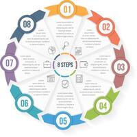 Circle infographic template with eight elements, steps or options, workflow or process diagram, data vizualization vector