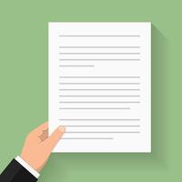 Hand holding white paper with text - document, contract, agreement, newspaper, etc, flat design vector