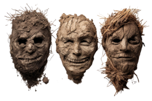 Three faces made of dirt and sticks. The first face is smiling, the second is frowning, and the third is smiling png