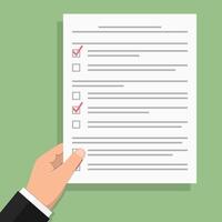 Hand holding white paper with test or survey, flat design image vector