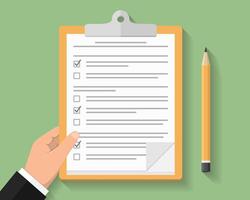 Hand with clipboard, survey or test concept, clipboard with documents with check boxes and pencil, flat design vector