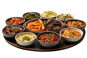 A beautifully arranged platter of traditional Korean side dishes, offering a vibrant and diverse selection of flavors and colors. png