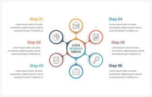 Circle infographics template with six elements, can be used as process diagram, steps, options vector