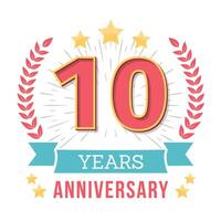 10 Years anniversary emblem with ribbon, laurel wreath and stars vector