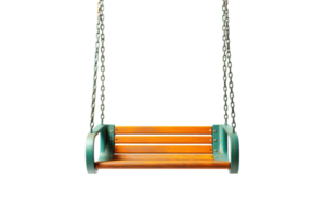 A wooden bench with a green frame is suspended from a chain png