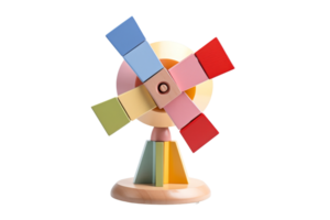 A colorful wooden windmill with a wooden base. The windmill is made of wood and has a colorful design png