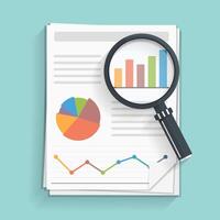 Papers with business report and magnifying glass vector