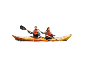 A man and a woman are paddling a kayak on a lake. The man is holding a paddle and the woman is holding a paddle as well. The scene is peaceful and serene png