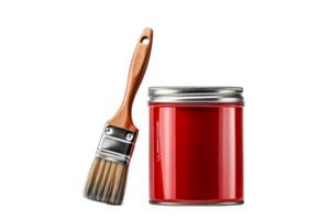 A red paint can sits next to a paintbrush. The brush is brown and has a wooden handle. Concept of painting and the importance of having the right tools for the job png