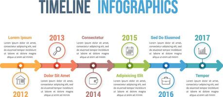 Horizontal timeline infographics template with arrows, workflow or process diagram vector