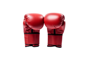 Two red boxing gloves are shown in a close up. The gloves are made of leather and are designed to protect the hands of the wearer during a boxing match png