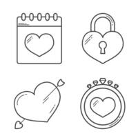 Heart line icons - calendar, lock, cupids arrow and ring vector