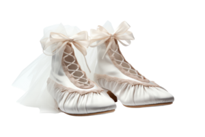 A pair of white ballet shoes with a lace bow on the front. The shoes are decorated with lace and have a white ribbon tied around the top png