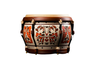 A large wooden drum with a floral design on it. The drum is white and brown in color png