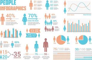 People infographics for reports and presentations - percents, bar and line graphs, pie charts vector