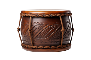 A wooden drum with a rope around it. The drum is brown and has a design on it png