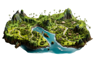 A large island with a river running through it. The island is lush and green, with palm trees and houses scattered throughout. The water is calm and blue png