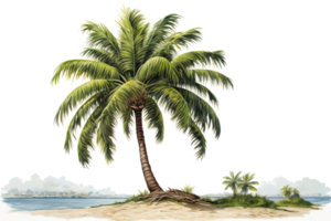A palm tree is standing on a sandy beach near the water. The tree is tall and has a lot of leaves. The beach is calm and peaceful, with the water in the background png